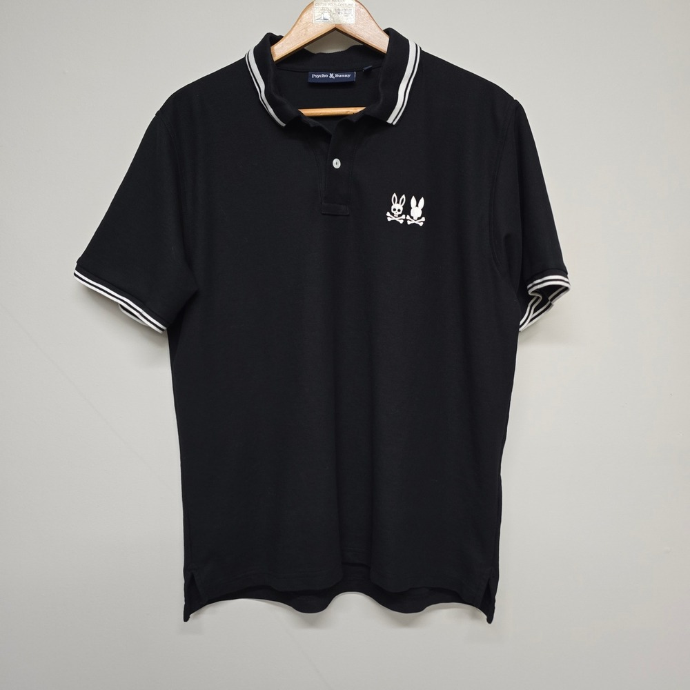 Psycho Bunny Tipped Pique Polo Shirt Mens 7 Black Pima Cotton Logo Preppy